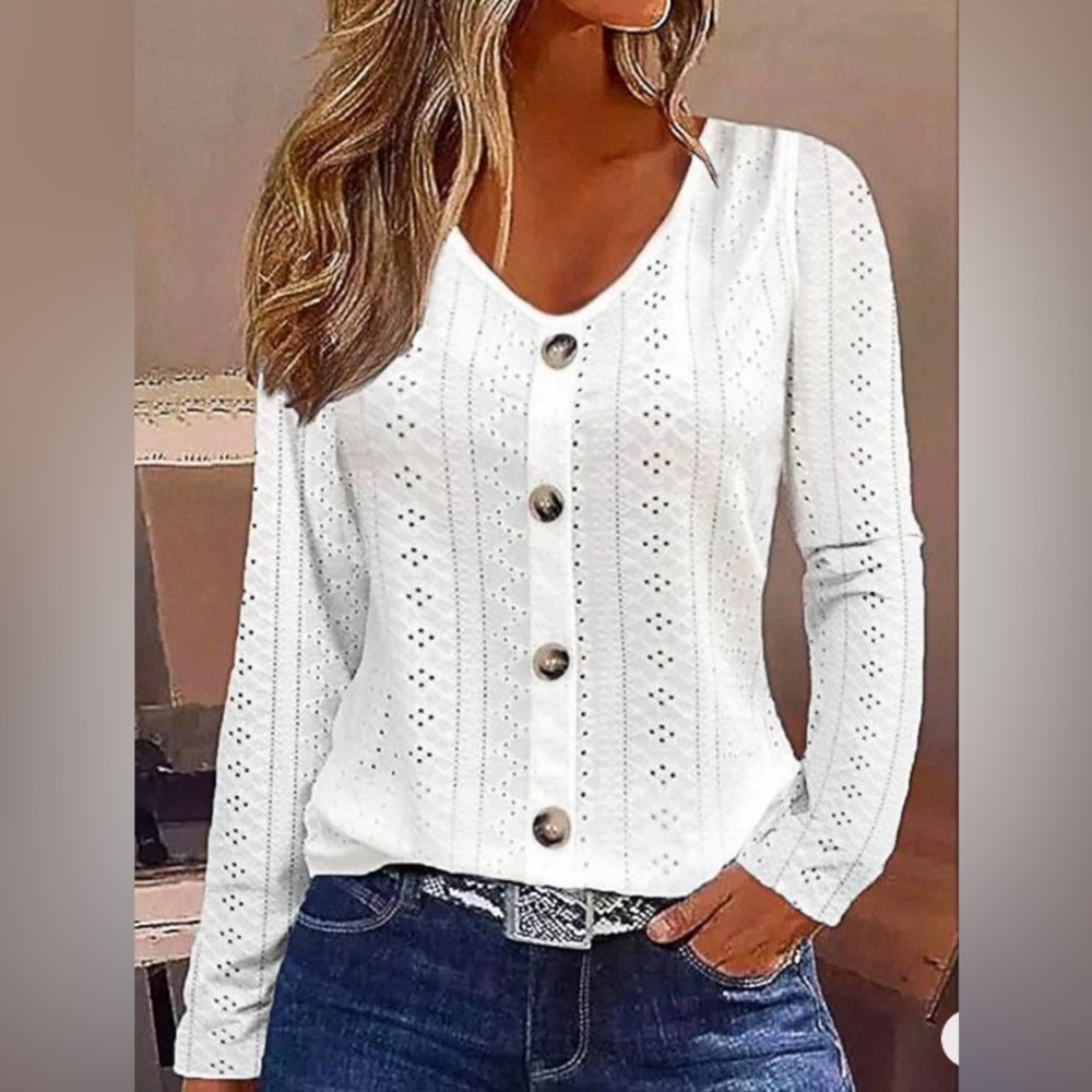 NEW White Eyelet, Long-Sleeved, Lightweight Pullover w/Decorative Buttons